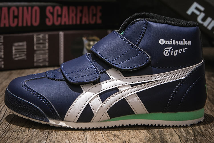 (DK Blue/ White/ Green) Onitsuka Tiger Mexico Mid Runnner PS Kid shoes - Click Image to Close