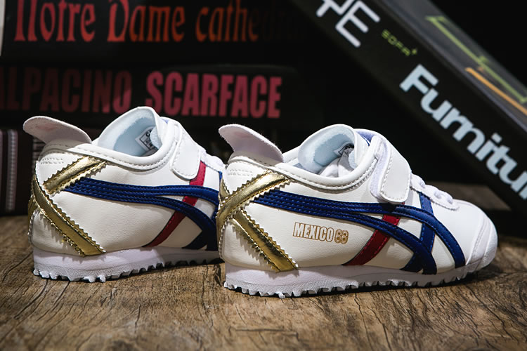 (White/ Blue/ Red/ Gold) Onitsuka Tiger PS Kid Shoes - Click Image to Close