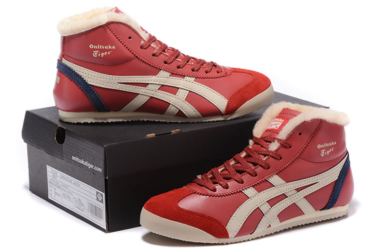 (Red/ Beige/ Navy) Onitsuka Tiger Mid Runner Shoes (Added Villus) - Click Image to Close