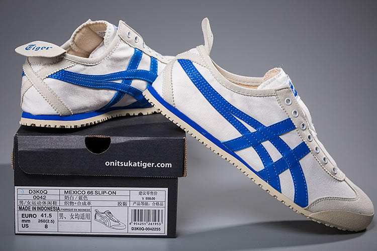 (White/ Blue) Onitsuka Tiger Slip On New Shoes - Click Image to Close