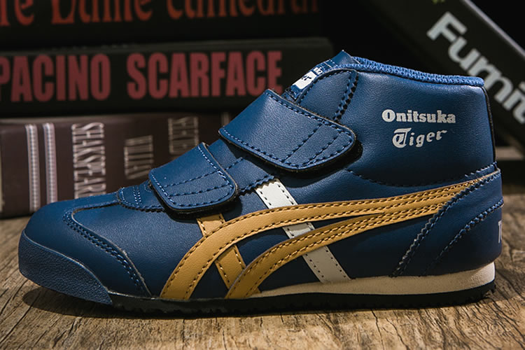 (DK Blue/ Gold/ White) Onitsuka Tiger Mexico Mid Runnner PS Kid shoes - Click Image to Close