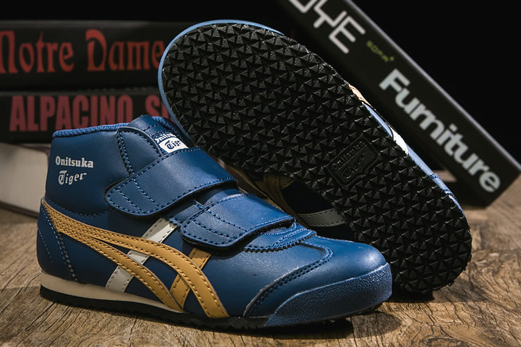 (DK Blue/ Gold/ White) Onitsuka Tiger Mexico Mid Runnner PS Kid shoes - Click Image to Close