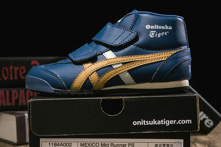 (DK Blue/ Gold/ White) Onitsuka Tiger Mexico Mid Runnner PS Kid shoes