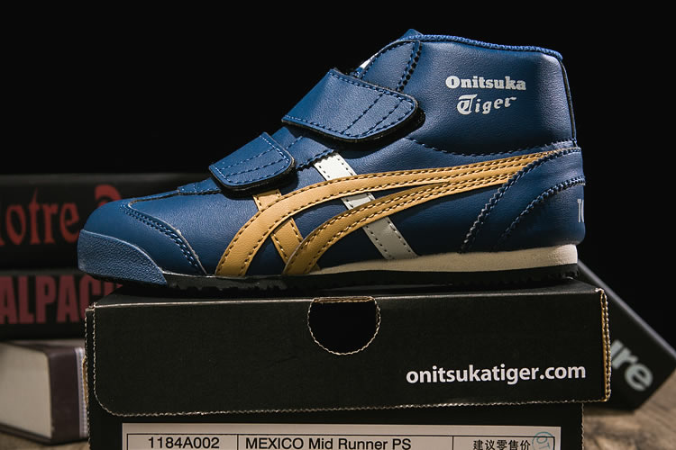 (DK Blue/ Gold/ White) Onitsuka Tiger Mexico Mid Runnner PS Kid shoes - Click Image to Close