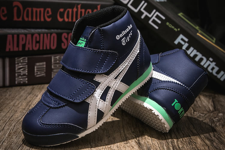 (DK Blue/ White/ Green) Onitsuka Tiger Mexico Mid Runnner PS Kid shoes - Click Image to Close