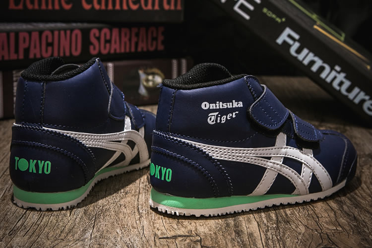 (DK Blue/ White/ Green) Onitsuka Tiger Mexico Mid Runnner PS Kid shoes - Click Image to Close