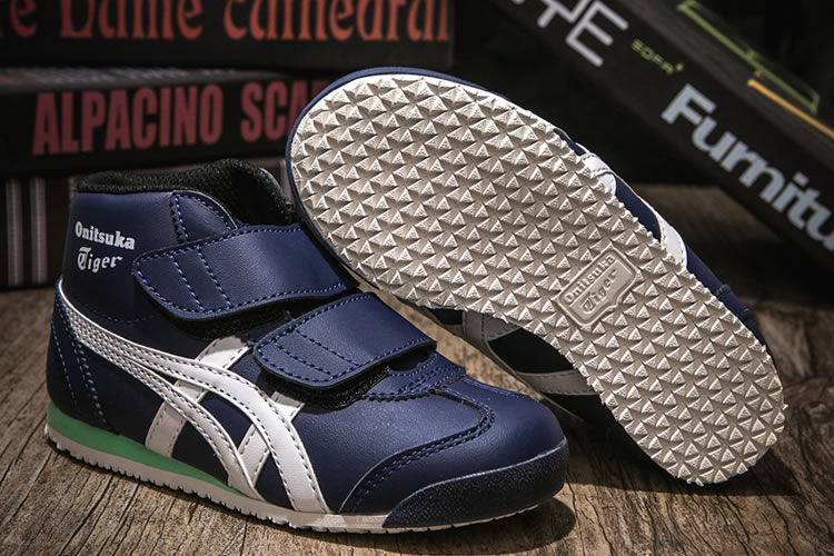 (DK Blue/ White/ Green) Onitsuka Tiger Mexico Mid Runnner PS Kid shoes - Click Image to Close