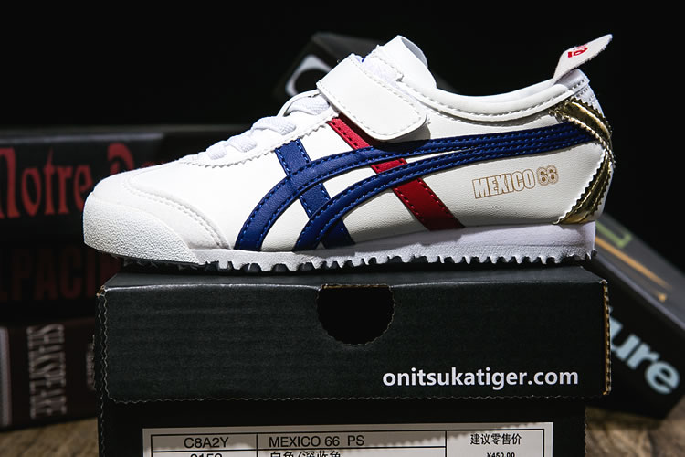 (White/ Blue/ Red/ Gold) Onitsuka Tiger PS Kid Shoes - Click Image to Close