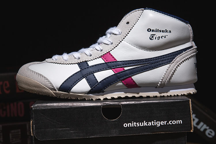 (White/ DK Blue/ Peach) Onitsuka Tiger Mid Runner Shoes - Click Image to Close