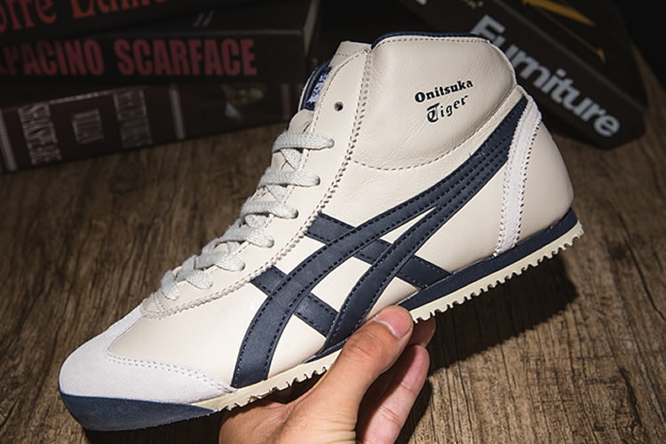 (Beige/ DK Blue) Onitsuka Tiger Mexico Mid Runner Shoes - Click Image to Close