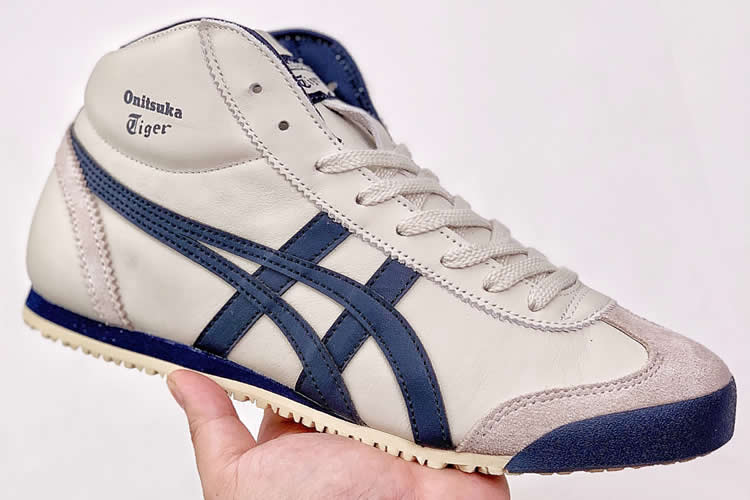 (Beige/ DK Blue) Onitsuka Tiger Mexico Mid Runner Shoes - Click Image to Close